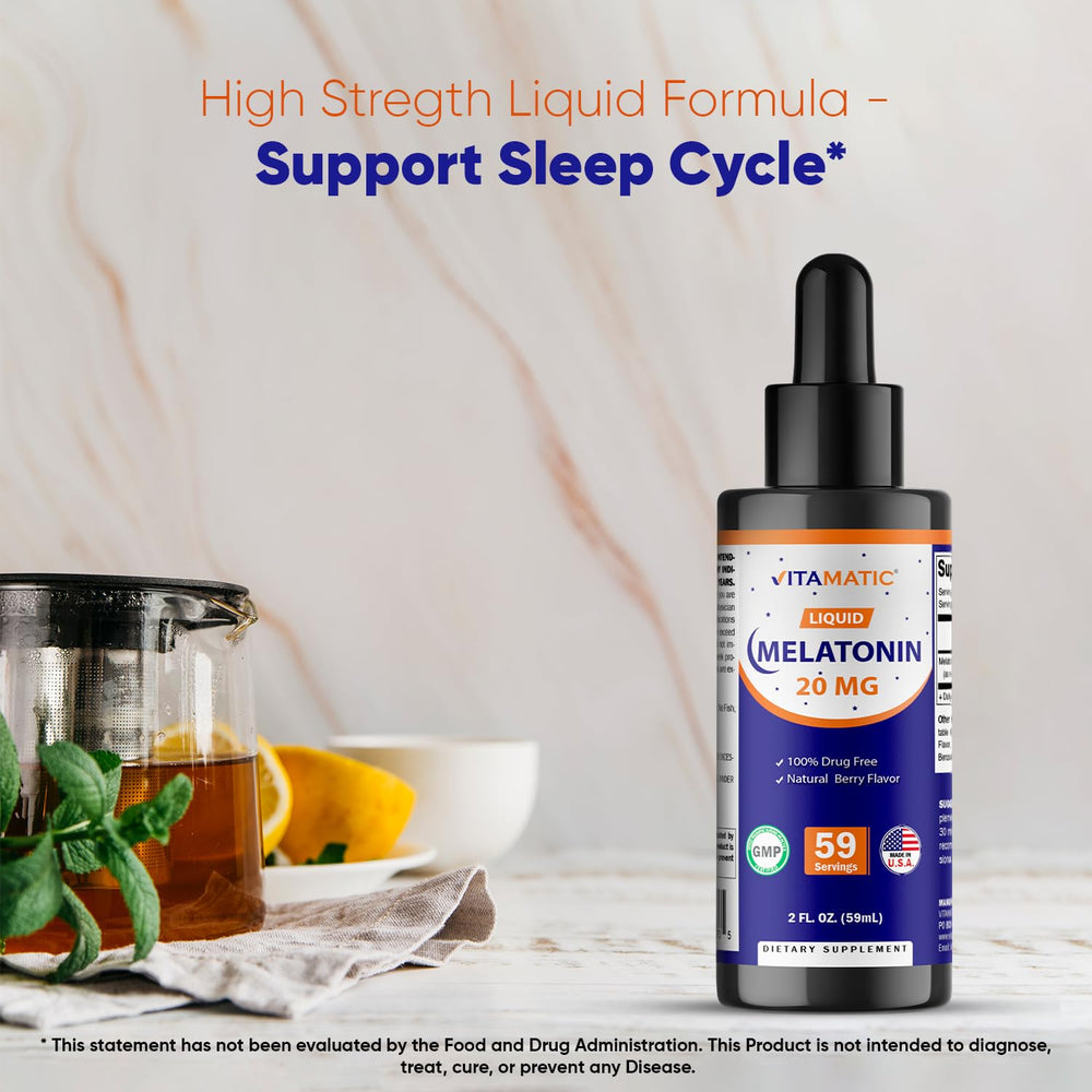 Vitamatic Melatonin Berry Drops glass shot highlights premium nighttime ritual support.