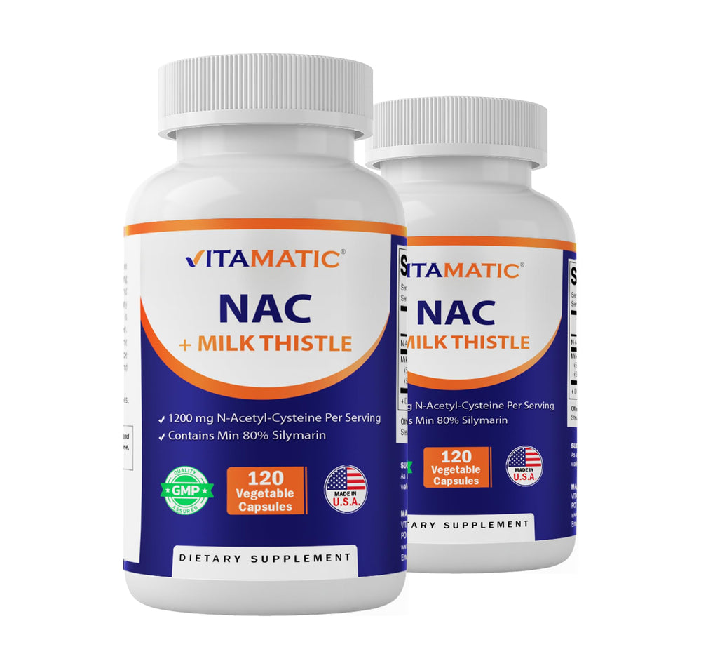 Vitamatic NAC supplement bottle with Milk Thistle 50:1 extract and 1200 mg NAC