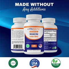 Supplement facts panel highlighting 500 mg Niacin per tablet