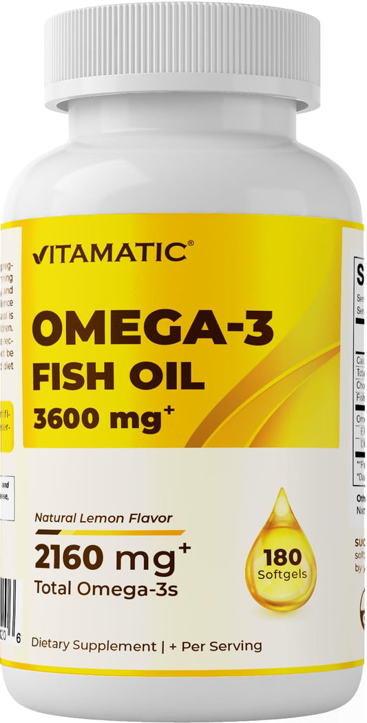 Vitamatic Omega-3 fish oil bottle front label with lemon flavor