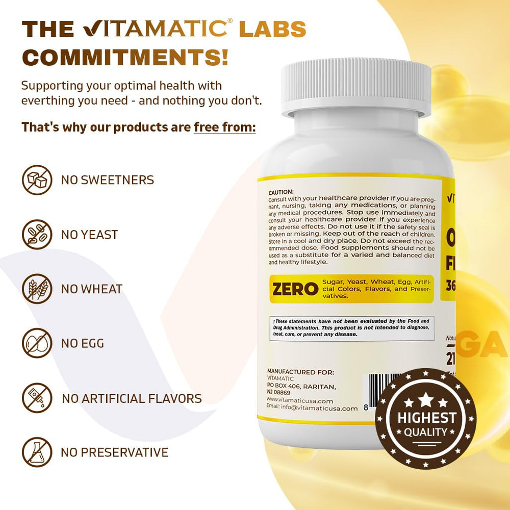 Side view of Vitamatic triple strength omega-3 bottle