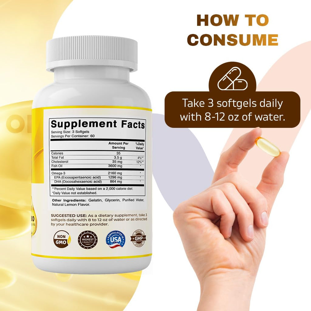 Close-up of burpless lemon-flavored omega-3 softgels