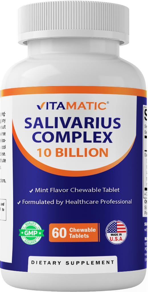Front view of Vitamatic Salivarius Complex mint chewables bottle