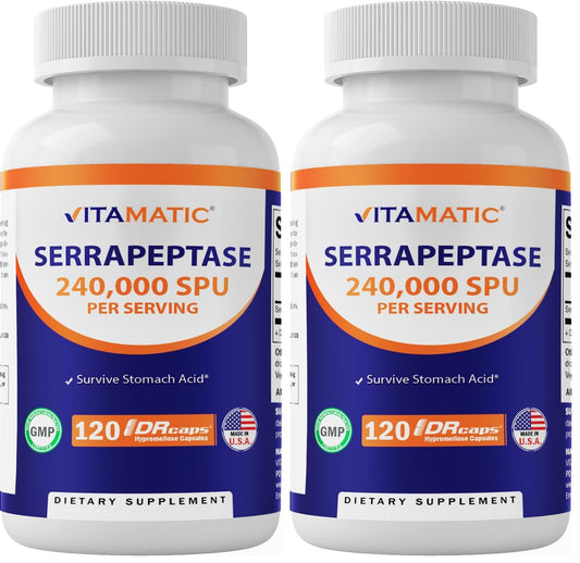 Vitamatic Serrapeptase 240,000 SPU bottle with 120 delayed-release enteric-coated capsules