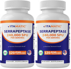 Vitamatic Serrapeptase 240,000 SPU bottle with 120 delayed-release enteric-coated capsules