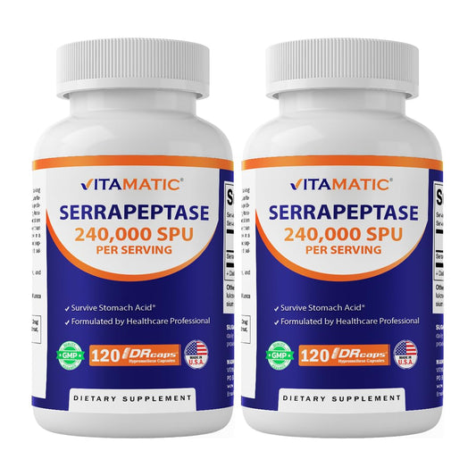 Vitamatic Serrapeptase bottle - front view (240k SPU)