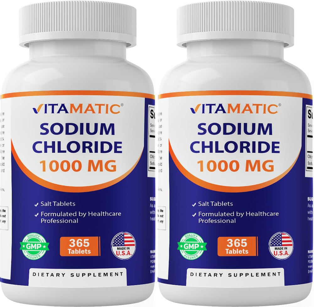 Front view of Vitamatic Sodium Chloride 1000mg bottle pair