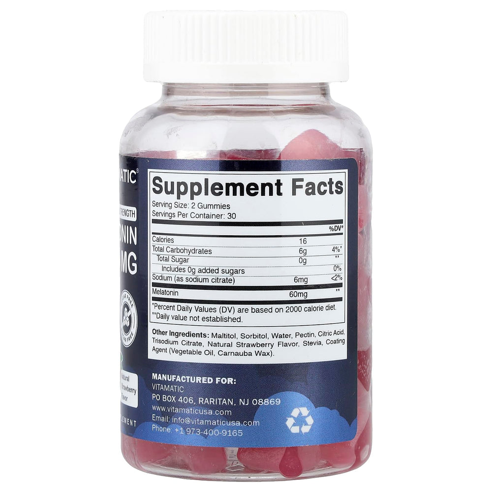 Close-up of Vitamatic melatonin gummies bottle showing 60 gummies