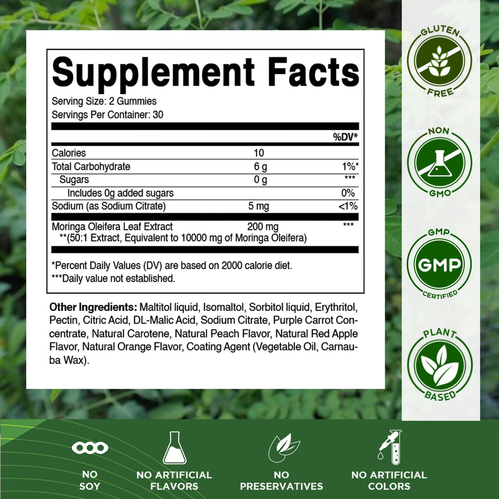 Flavors available for Moringa Gummies: Peach, Red Apple, Orange