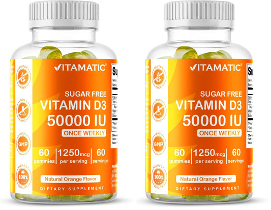 Vitamatic Vitamin D3 50,000 IU weekly gummies bottle and packaging