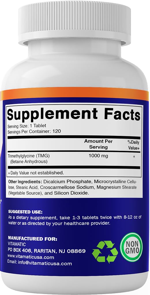 Non-GMO and Gluten Free seal on Vitamatic TMG 1000mg packaging