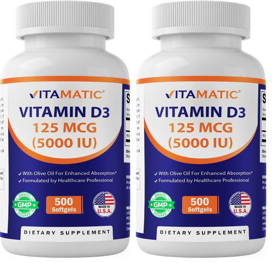 Front label of Vitamatic Vitamin D3 5000 IU bottle (Pack of 2)