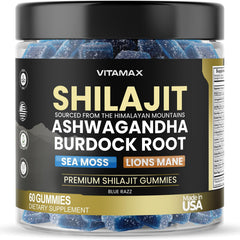 Vitamax Organic Shilajit Gummies bottle in Blue Razz for daily energy support.
