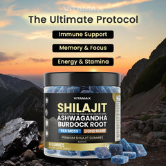 Close-up of Vitamax Shilajit Gummies texture and vibrant Blue Raspberry color.