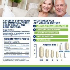 Graphic showing Vitamin A 5000 IU, Vitamin D3 5000 IU, and Vitamin K2 MK-7 500 mcg