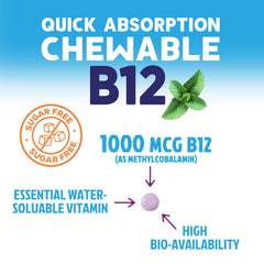 Vitamin B12 bottle with raspberry flavor chewable tablets on white