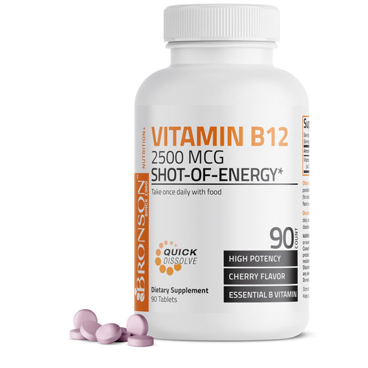 Bottle of Vitamin B12 2500mcg cherry-flavored sublingual tablets