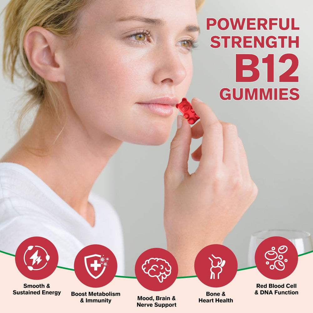 Close-up of a single cherry-flavored B12 gummy