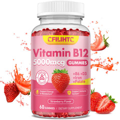 Strawberry-flavored Vitamin B12 gummies 5000mcg close-up