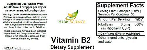 Ingredients and bottle of Vitamin B2 liquid drops