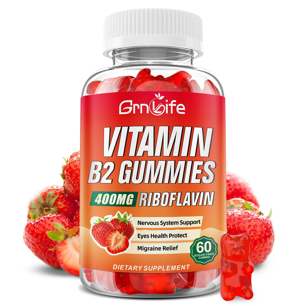 Bottle of Vitamin B2 Gummies 400mg Riboflavin with Magnesium, Strawberry flavor, 60 count