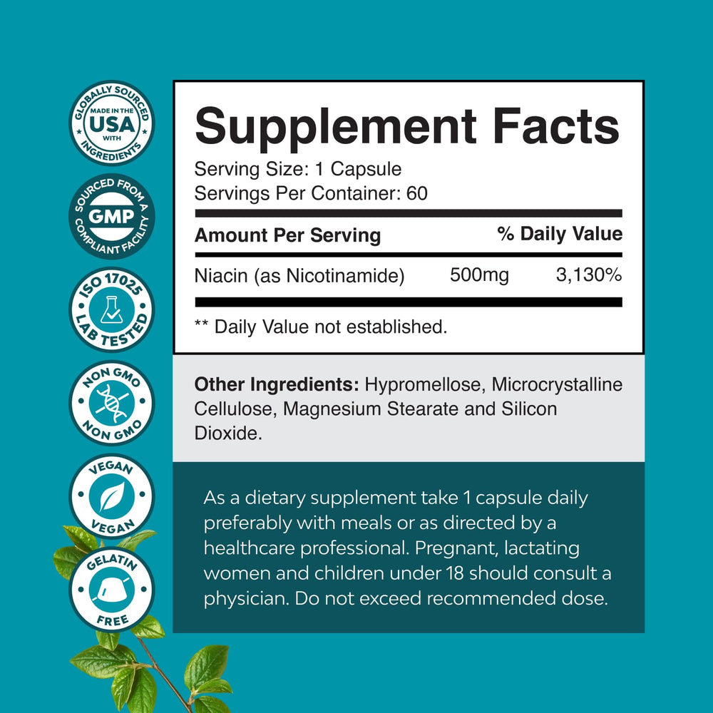 Product label showing 500mg niacinamide flush-free