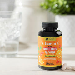 Bottle label displaying 120 tablets for Vitamin C supplement