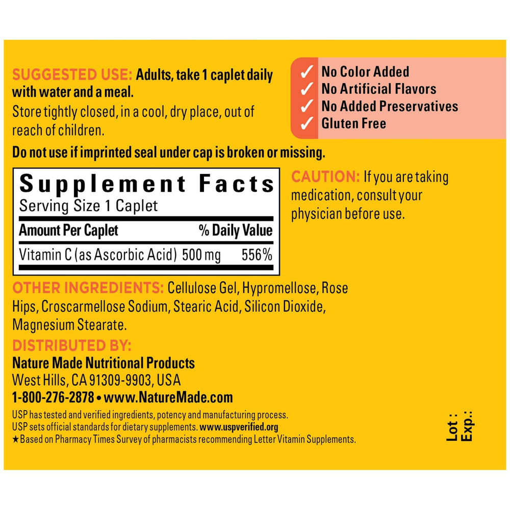 Bottle side view showing packaging of Vitamin C 500 mg with Rose Hips