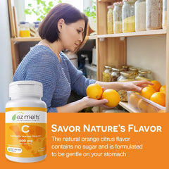 Close-up of orange citrus flavored Vitamin C melt tablet