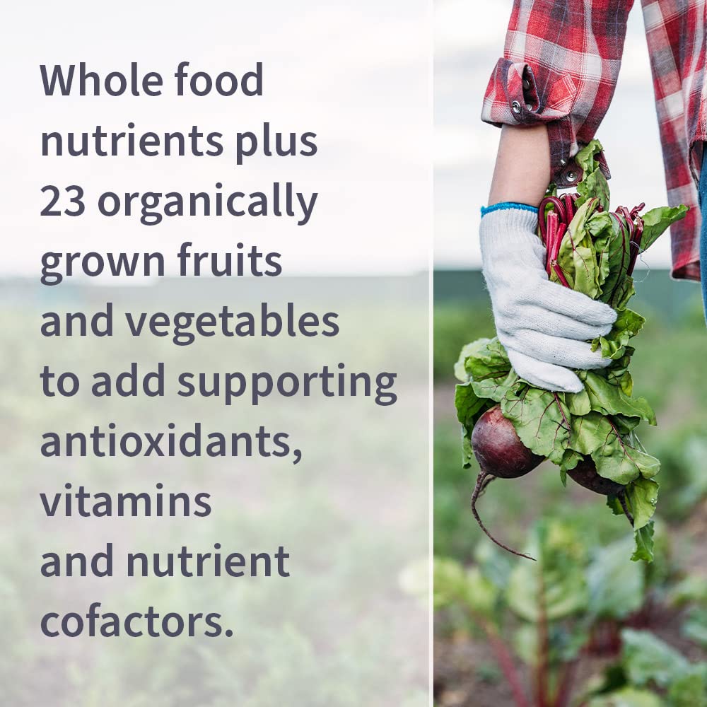 Front of bottle showing 23 raw fruits and vegetables in the formula.