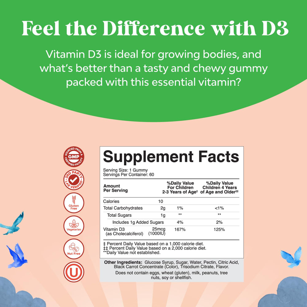 Close-up of kids Vitamin D3 gummies with berry flavor