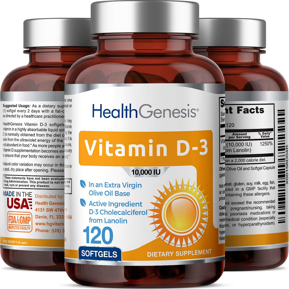 Angled view of Vitamin D-3 softgels bottle with packaging