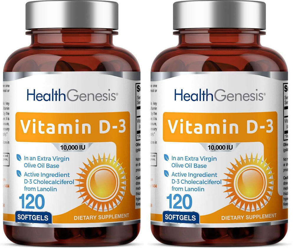 Vitamin D-3 10000 IU softgels bottle in 2-pack with extra virgin olive oil