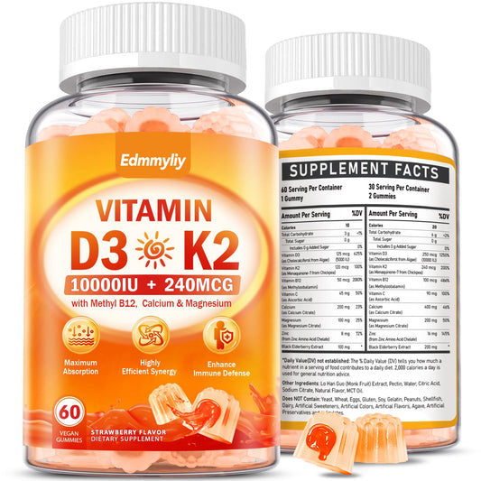 Bottle of Vitamin D3 10000 IU Gummies with K2 – vegan and sugar-free