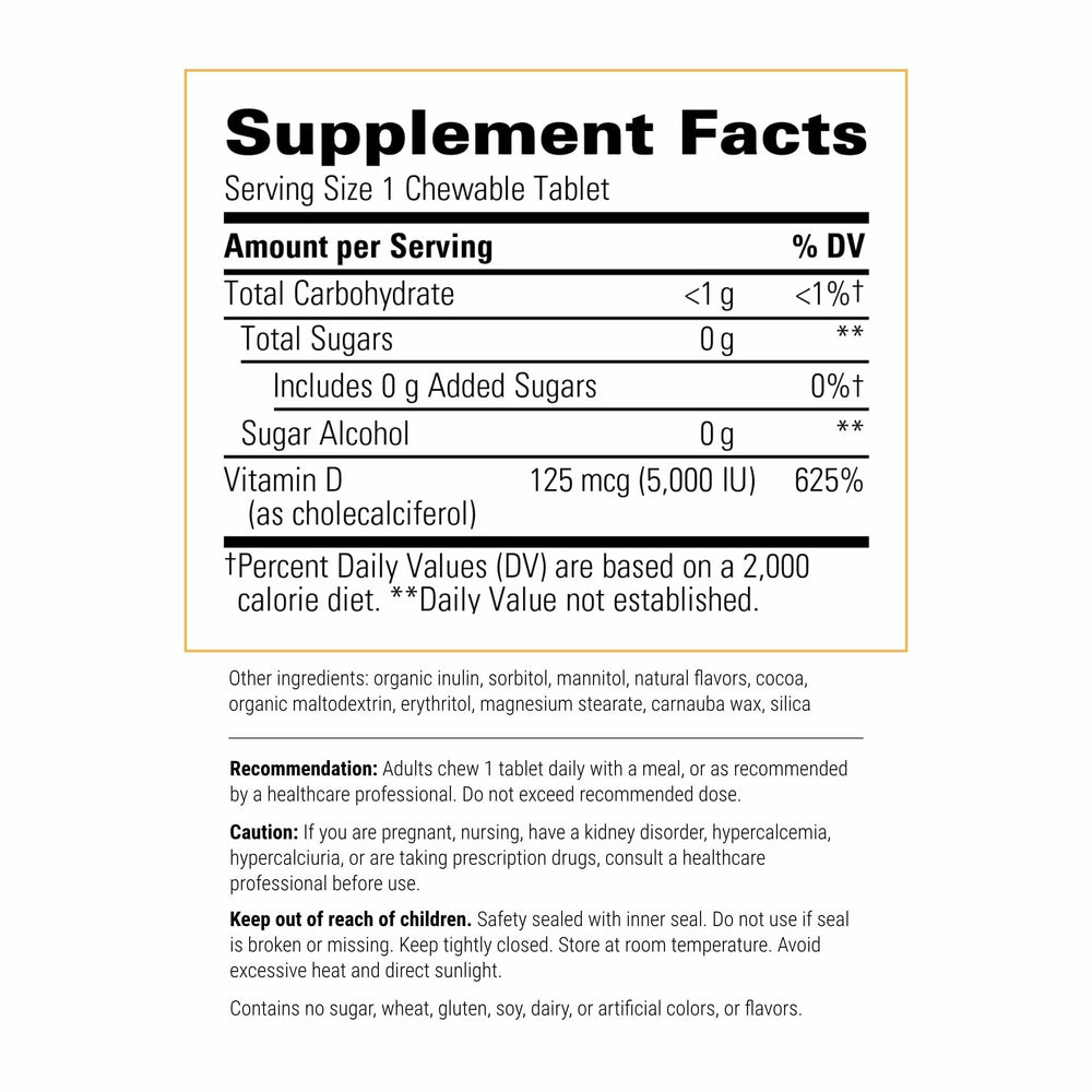 Chocolate-flavored vitamin D3 125 mcg chewable tablet close-up