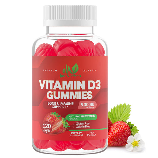 Bottle of Vitamin D3 gummies with strawberry flavor label and 120-count
