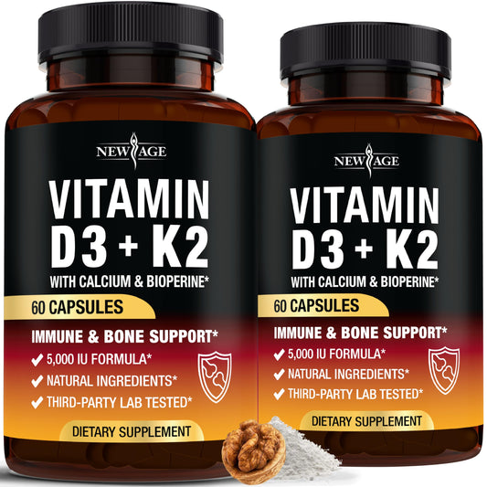 Front view of Vitamin D3 5000 IU + K2 MK-7 100 mcg capsules