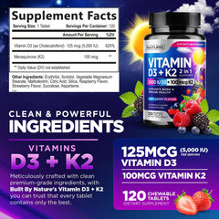 Close-up of berry-flavored D3 5000 IU and K2 MK-7 chewable tablet