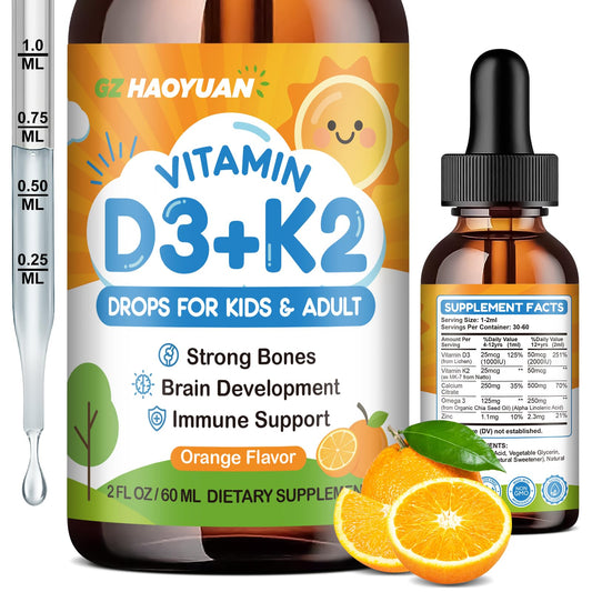 Bottle of Vitamin D3 K2 Drops for Kids with orange flavor