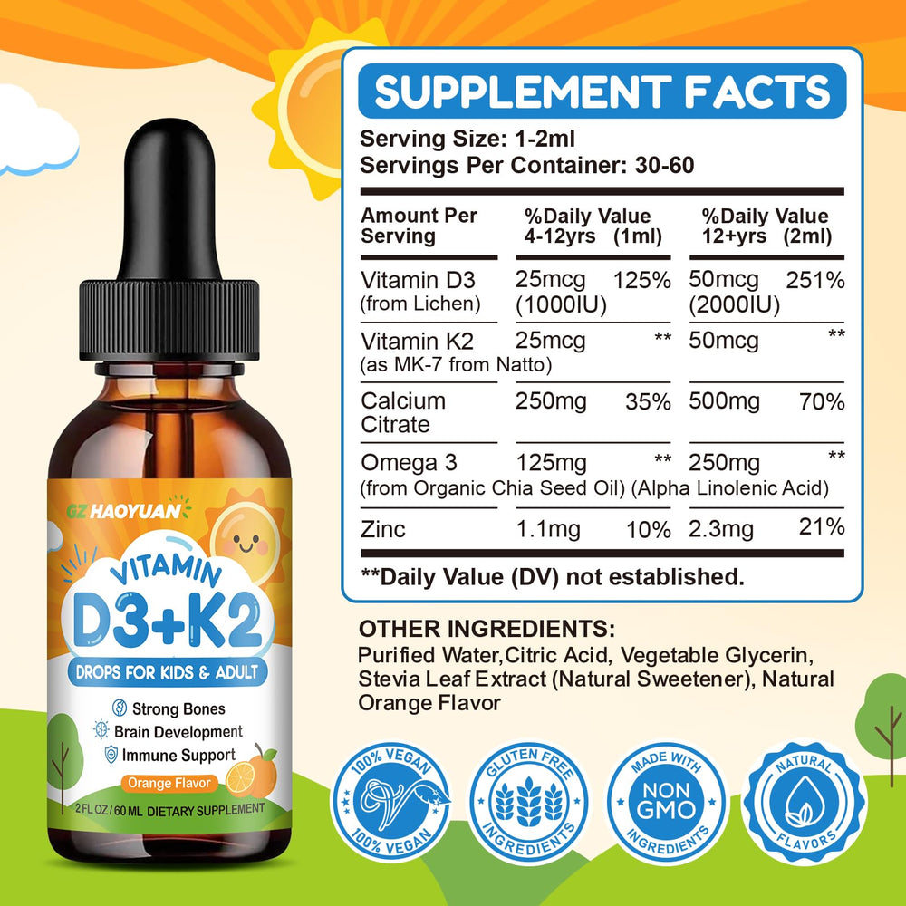 Close-up of vitamin D3 K2 drops for kids