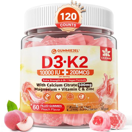 Front view of vitamin D3 K2 filled gummies bottle