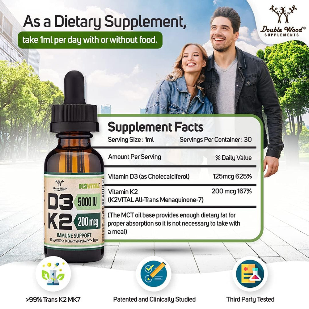 Two bottles of Double Wood Vitamin D3 K2 liquid drops in packaging