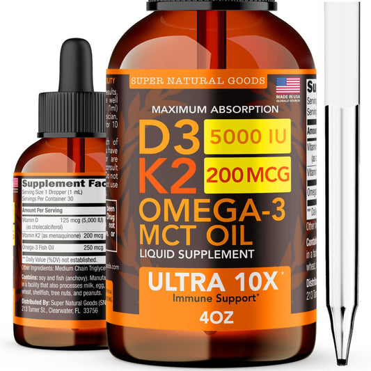 Bottle of Vitamin D3 K2 Liquid Drops 5000 IU with 4 oz size