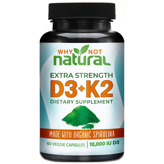 Bottle of Vitamin D3 K2 MK-7 with organic spirulina veggie capsules label