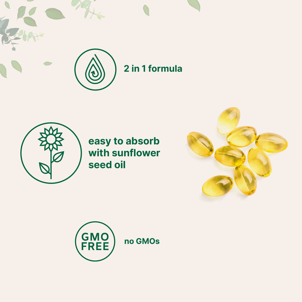Close-up of 600 softgels containing 5,000 IU Vitamin D3 and 100 mcg K2 per serving
