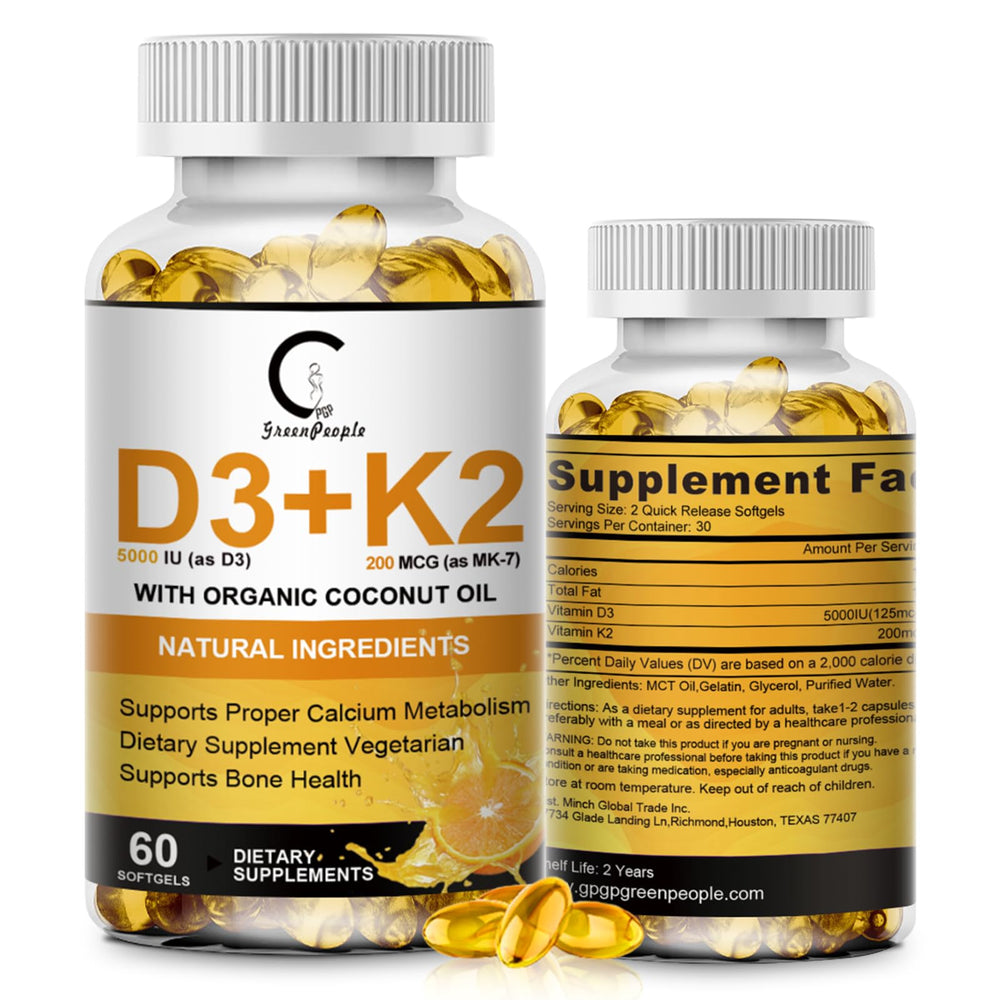 Bottle of Vitamin D3 K2 supplement on a neutral background