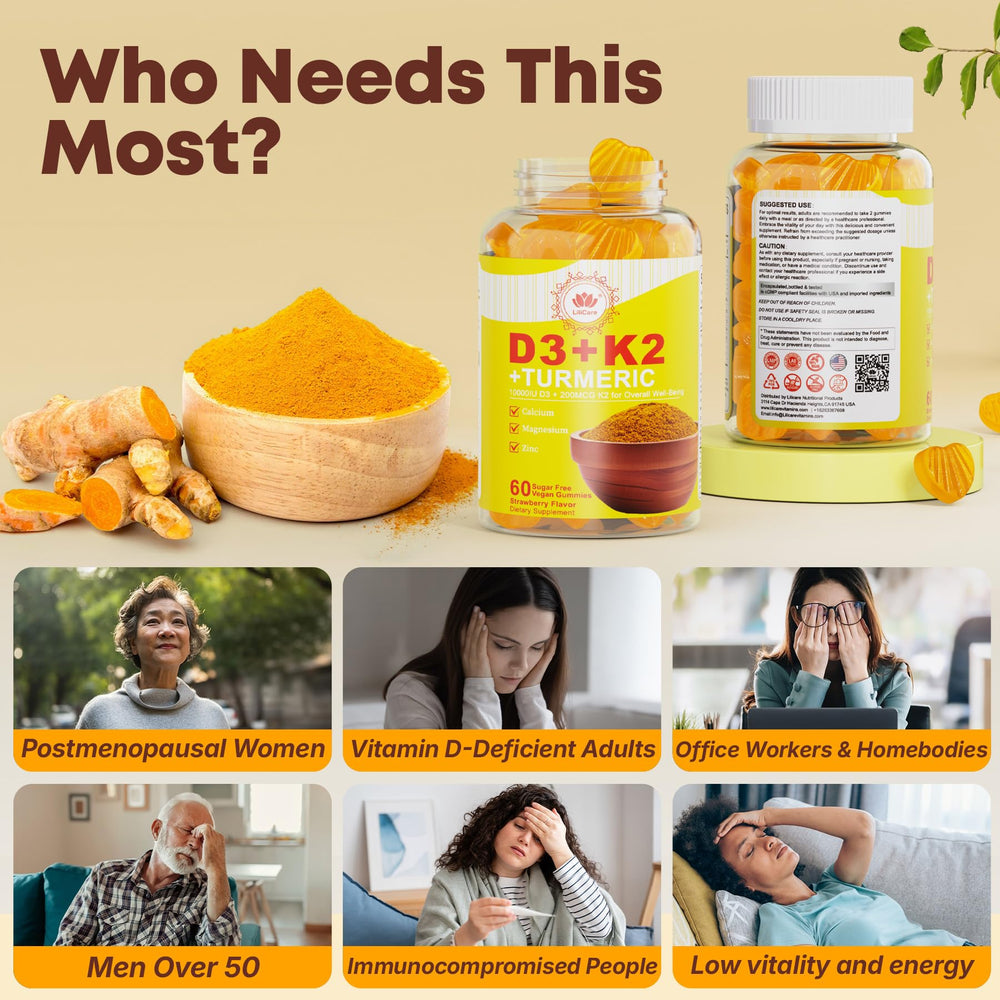 Nutritional label on Vitamin D3 K2 Turmeric gummies bottle