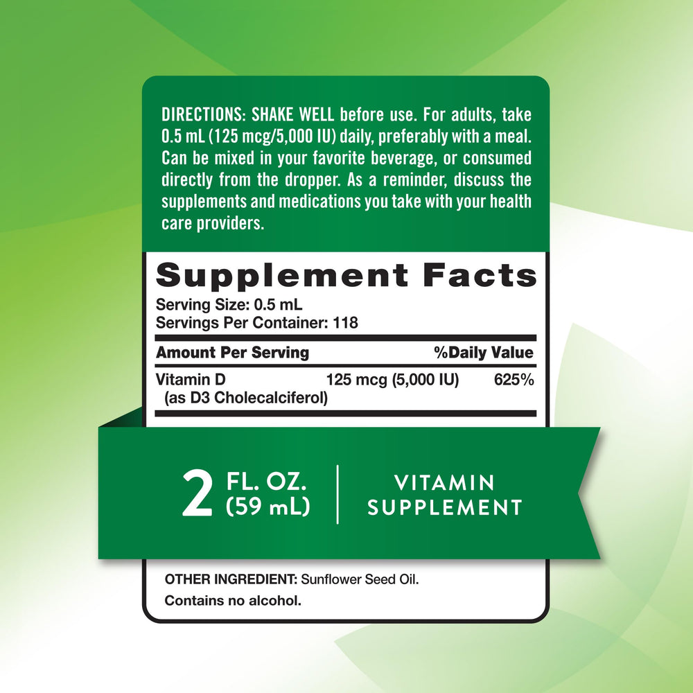 Vitamin D3 Liquid bottle close-up showing 5000 IU