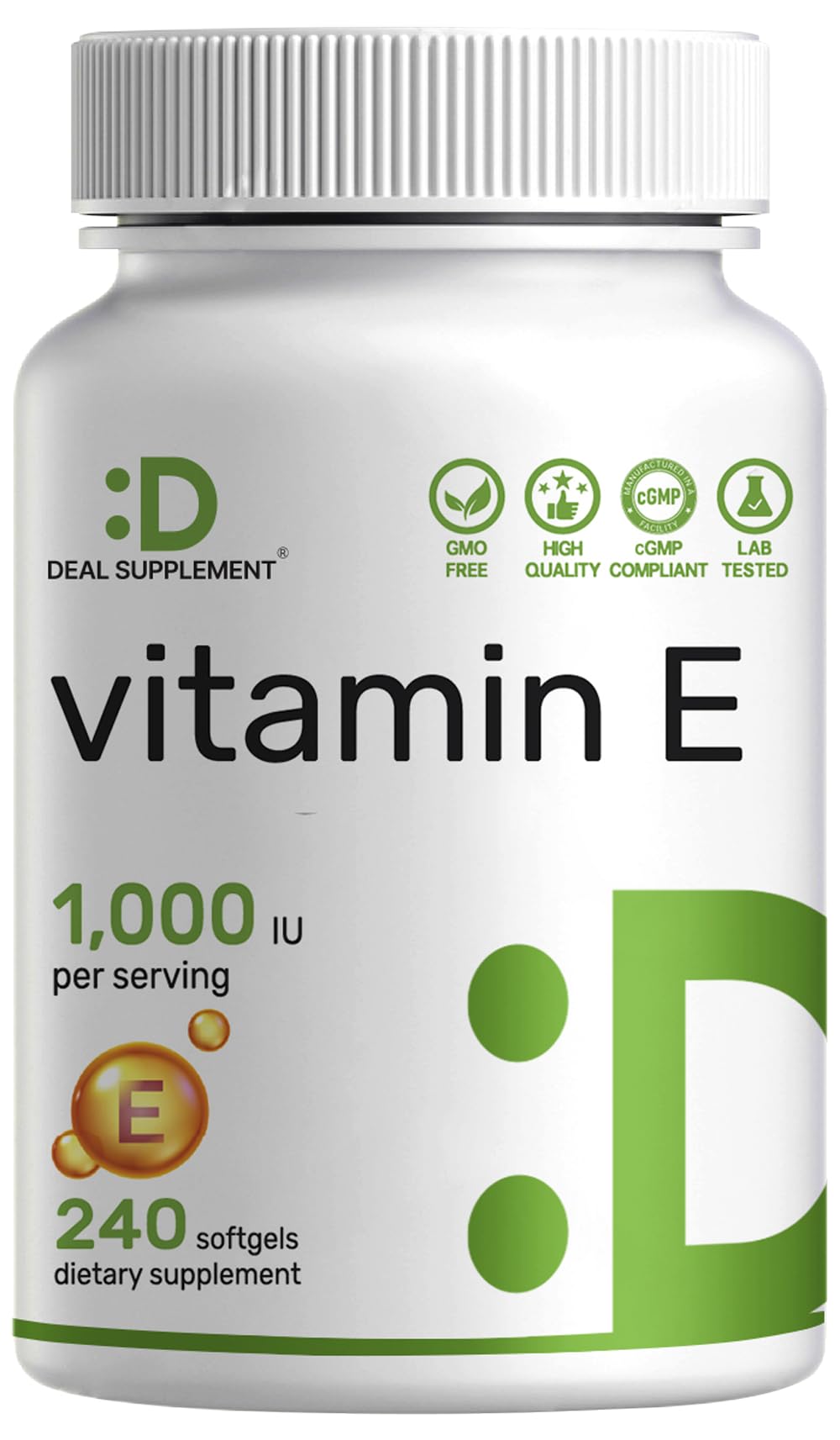 Vitamin E supplements bottle and softgels