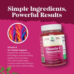 Vitamin E gummy label illustration showing benefits
